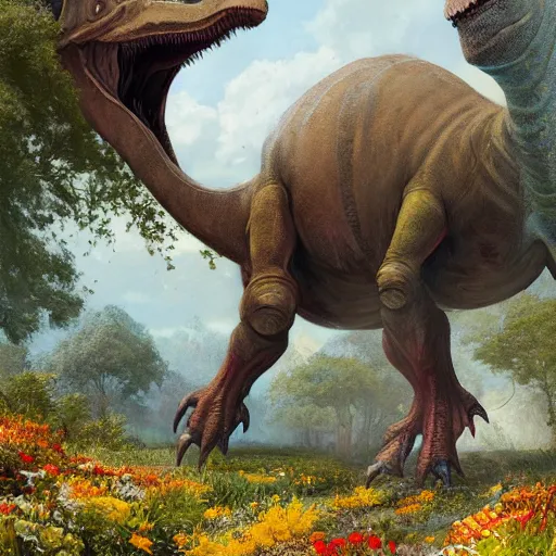 Image similar to Beautiful digital painting of monumental herbivorous dinosaur covered with flowers by Greg Rutkowski and James Gurney, trending on Artstation, deviantart, ultra detail, flower dinosaur