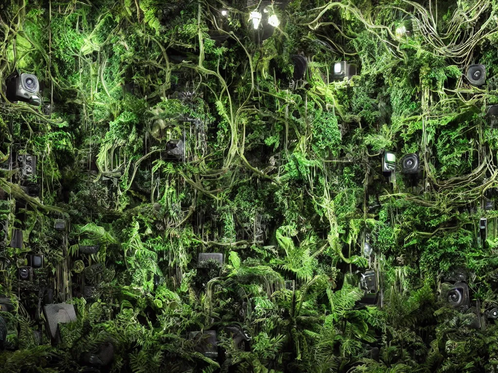 Prompt: a hyper realistic vast and glorious biomech rainforest landscape with ferns and ancient trees made from audio speakers and synthesizer parts and complicated electronic components and intricate wires and pipes:10 | an ovewhelming huge speaker stack pa sound system made from intertwining synthesizers and sound speakers and complex wires and led and intricate circuitry domiates the scene