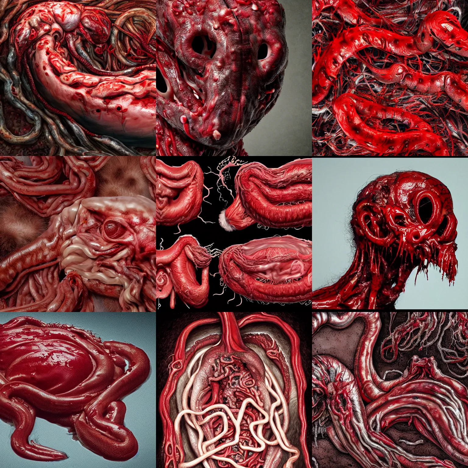 Prompt: a photo of a gory blood-red abomination without shape or form, slimy and reflective, composed of individual animal heads, frightening, twitching and writhing, with smooth and shiny intestines slithering out of the central mass, body horror with remnants of fur and hairy mold, blood oozing from every body crevice, ultra-detailed, ultra-realistic, color
