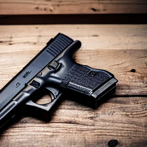 Image similar to a medium shot photograph of a glock 18 on a wooden background