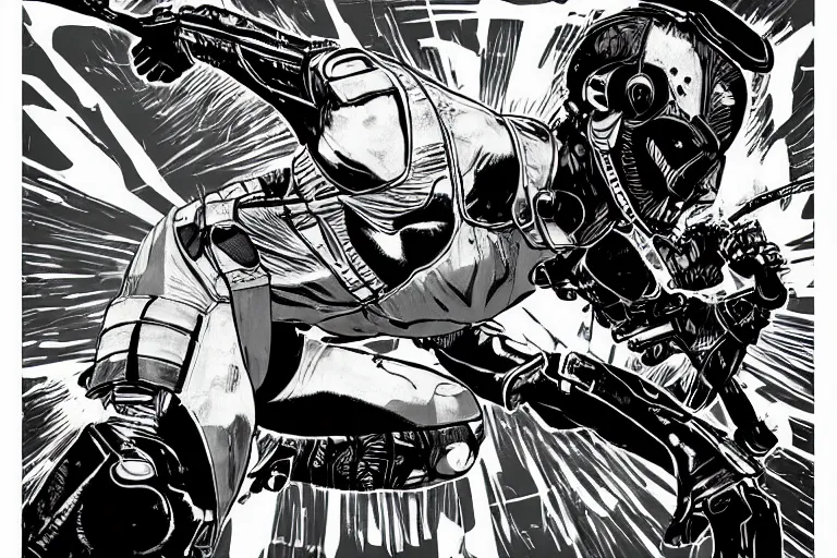 Image similar to gray fox from metal gear solid, doing a three point landing pose, a page from cyberpunk 2 0 2 0, style of paolo parente, style of mike jackson, adam smasher, johnny silverhand, 1 9 9 0 s comic book style, white background, ink drawing, black and white