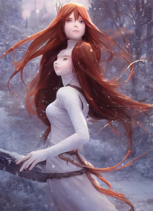 Image similar to an elven girl with long flowing auburn hair in the snow. By Makoto Shinkai, Stanley Artgerm Lau, WLOP, Rossdraws, James Jean, Andrei Riabovitchev, Marc Simonetti, krenz cushart, Sakimichan, trending on ArtStation, digital art.