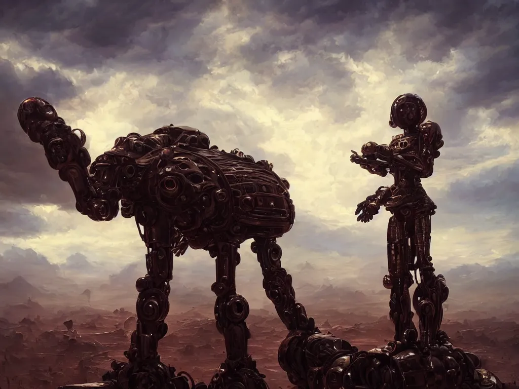 Prompt: a beautiful oil on canvas of a futuristic afrofuturistic robot soldier, ornate, detailed, intricate, beautiful, stunning, post - apocalyptic landscape in the background, epic sky, vray render, artstation, deviantart, pinterest, sci - fi, afrofuturism, 5 0 0 px models
