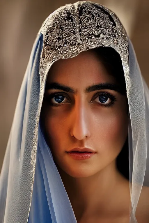 Image similar to Ameera al-Taweel portrait, beautiful female face, straight hair, blue eyes, transparent veil on face, cinematic lighting, hyper-detailed, 8k, high resolution, by Steve McCurry