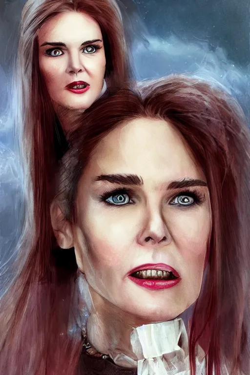 Image similar to mix of beautiful young maria shriver, mariel hemmingway, brooke shields, nicole kidman and elle macpherson as a vampire showing vampire teeth, ready to bite, thin lips, hair tied up in a pony tail, dark blonde hair, colorful, deviantart, artstation, cgsociety