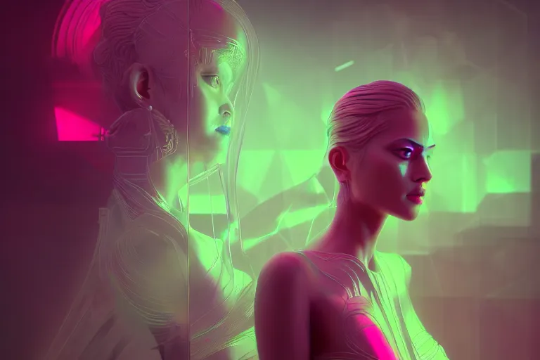 Image similar to photo of goddes (of war) in (((neon lighting)) DISPACEMENTS Displacements, elegant, highly detailed, smooth, sharp focus, illustration, beautiful, geometric, trending on artstation, cinematic, artwork by WLOP