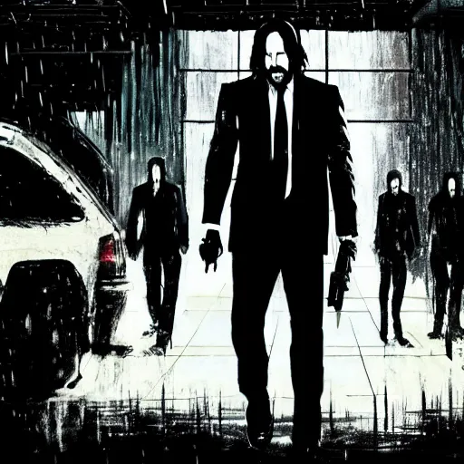 Prompt: john wick takes on the cartel, artstation hall of fame gallery, editors choice, #1 digital painting of all time, most beautiful image ever created, emotionally evocative, greatest art ever made, lifetime achievement magnum opus masterpiece, the most amazing breathtaking image with the deepest message ever painted, a thing of beauty beyond imagination or words, 4k, highly detailed, cinematic lighting