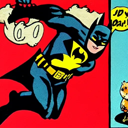 Image similar to Batman holding a hamster in his hand, looking at it curiously. In the style of 80s comic book. Red background