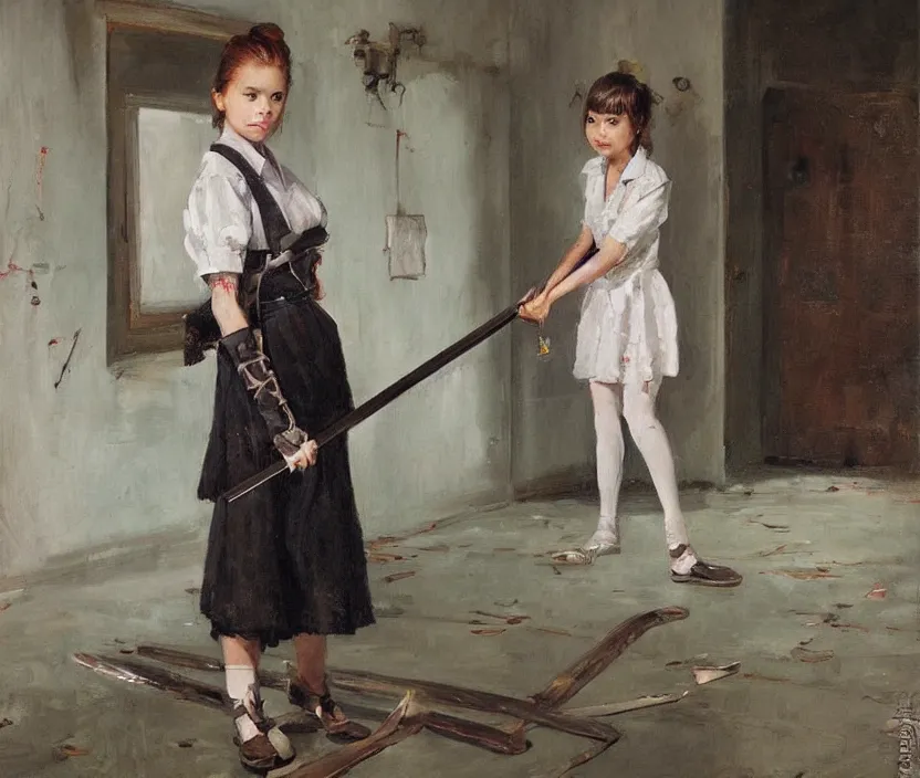 Image similar to School girl holding a katana and standing on an abandoned hospital room , by Konstantin Razumov, horror scene, highly detailded