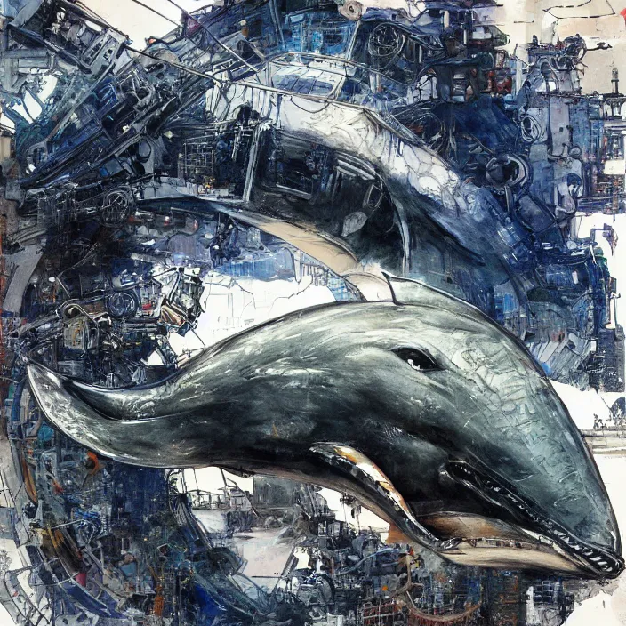 Prompt: mechanical whale, painting, by greg ruthowski, yoshikata amano, yoji shinkawa, alphonse murac, collaborative artwork, beautifully drawn, heavily detailed