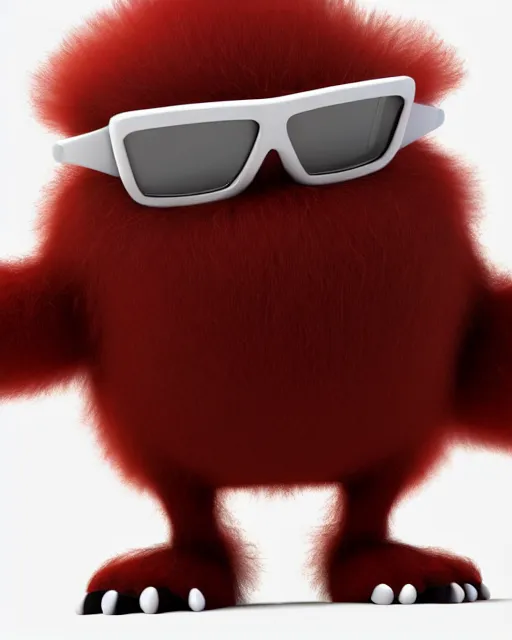 Prompt: 3 d render of completely red hairy friendly antropomorphic cartoony creature wearing white ray - ban shades, full body, simple, no nose, smiling, cute, white background, unreal engine 5 hdr