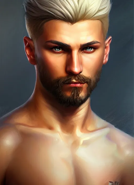 Prompt: a _ fantasy _ style _ portrait _ painting _ of fighter male, medium dark blonde pulled back side part and blonde stubble, rpg dnd oil _ painting _ unreal _ 5 _ daz. _ rpg _ portrait _ extremely _ detailed _ artgerm _ greg _ rutkowski _ greg