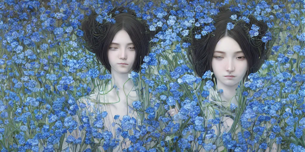 Image similar to breathtaking detailed concept art painting of the goddesses of nemophila flowers, orthodox saint, with anxious, piercing eyes, ornate background, amalgamation of leaves and flowers, by Hsiao-Ron Cheng, James jean, Miho Hirano, Hayao Miyazaki, extremely moody lighting, Black paper, cut paper texture, Full of light-blue and silver and white layers, 8K