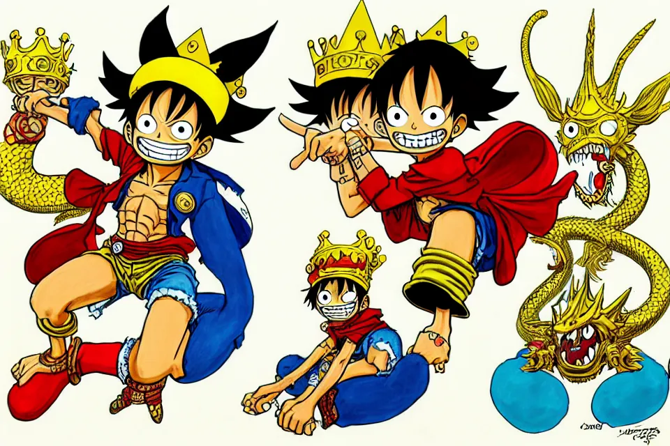 Prompt: concept sketches of luffy wearing a gold crown riding a large dragon by jamie hewlett, in the style of megaman, micro detail