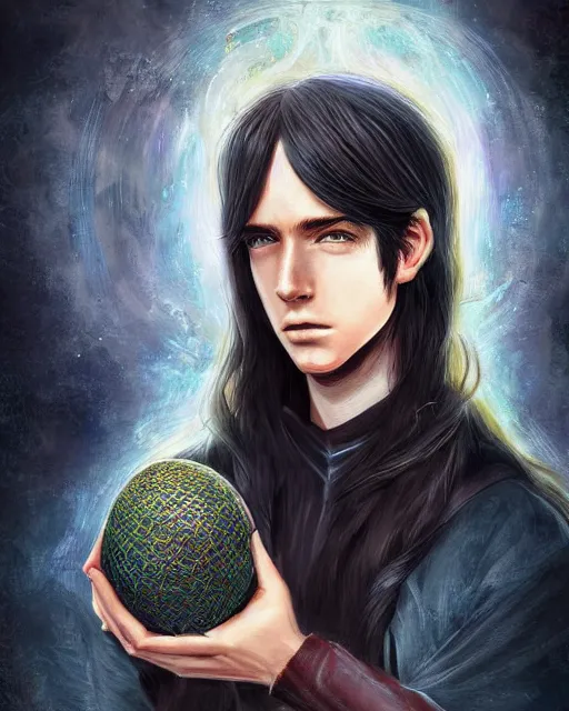 Image similar to portrait of elven teenage boy mage with long black hair holding dragon egg digital painting modern fantasy highly detailed