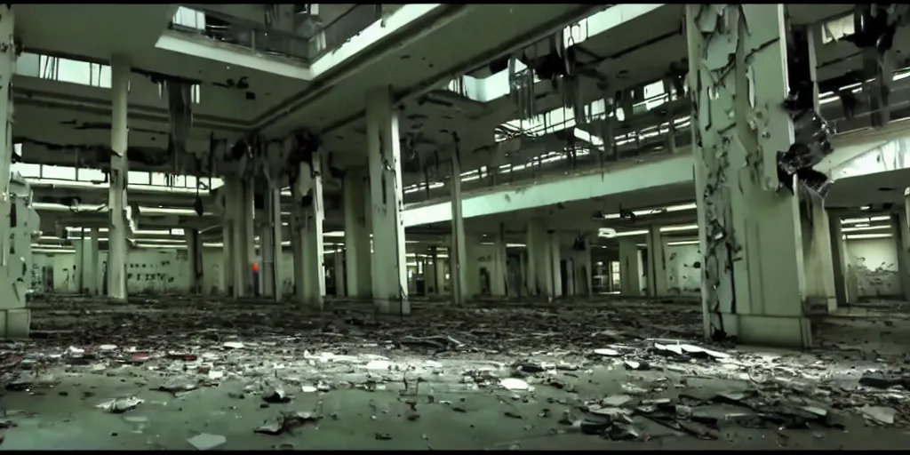 Image similar to abandoned replicant factory in a mall, damaged camcorder video
