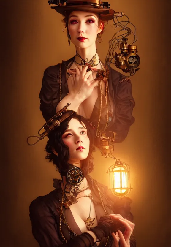 Prompt: steampunk actress preparing for a show at the smoky backstage, mirror, chinese lanterns, smoke, fantasy magic, dark light night, intricate, elegant, sharp focus, illustration, highly detailed, digital painting, concept art, matte, art by wlop and artgerm and greg rutkowski and alphonse mucha, masterpiece