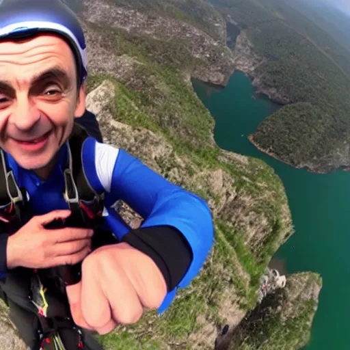 Image similar to GoPro video of Mr Bean base jumping close-up selfie