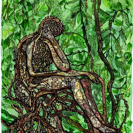 Image similar to The Thinker Sculpture covered in mushrooms & peyote & ayahuasca vines, sitting in a dense luscious forest, ink sketch, Naturalist