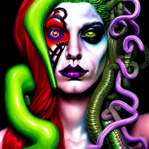 Image similar to an extremely psychedelic portrait of medusa as harleyquinn, surreal, lsd, face, detailed, intricate, elegant, lithe, highly detailed, digital painting, artstation, concept art, smooth, sharp focus, illustration