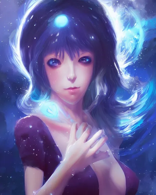 Image similar to A realistic anime portrait of a beautiful cosmic woman with glowing blue eyes and cosmic skin wearing clothes made of universes, digital painting, by Stanley Artgerm Lau, Sakimichan, WLOP and Rossdraws, digtial painting, trending on ArtStation, SFW version