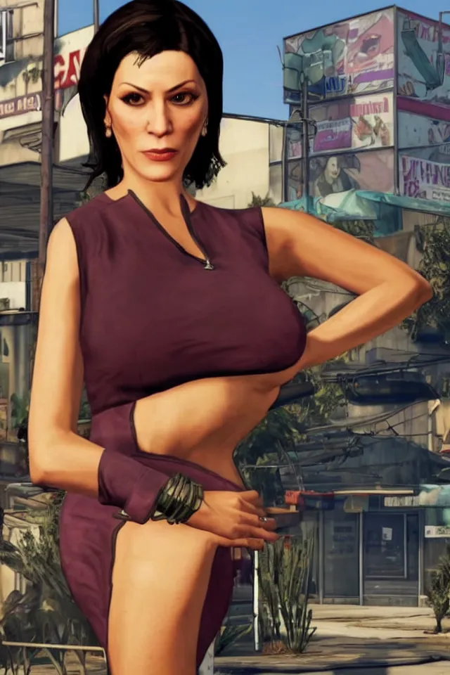 Image similar to A GTA 5 game loading screen featuring Monica Belluci