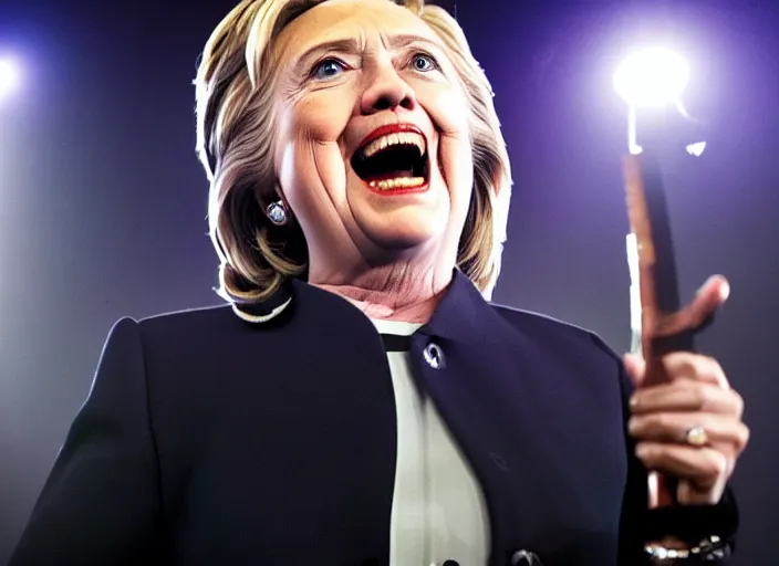 Image similar to publicity photo still of hillary clinton in a death metal band playing live on stage, 8 k, live concert lighting, mid shot