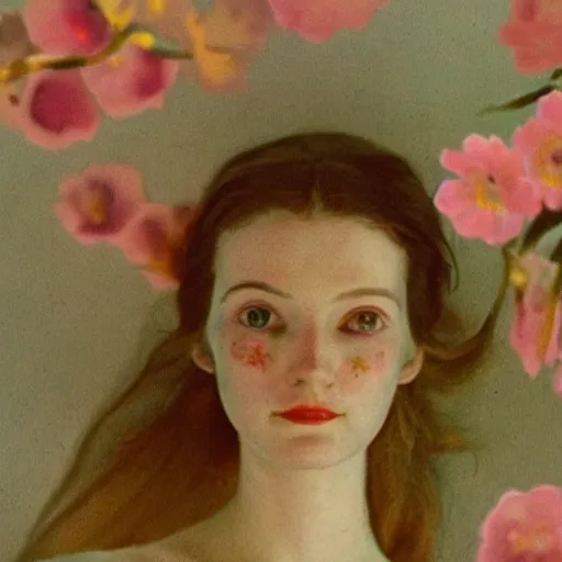 Prompt: close - up of a beautiful flowery girl in a liminal room, film still by wes anderson, depicted by balthus, limited color palette, very intricate, art nouveau, highly detailed, lights by hopper, soft pastel colors, minimalist