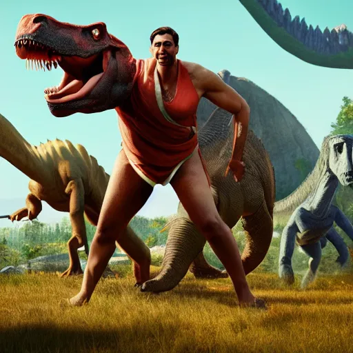 Prompt: a hyper real comic book style portait painting of salsa dancers in the stone age with dinosaurs, unreal 5, hyperrealistic, octane render, cosplay, rpg portrait, dynamic lighting