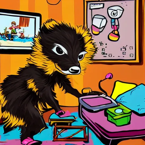 Prompt: a cartoon honey badger wearing shorts and playing video games in a messy room, very detailed