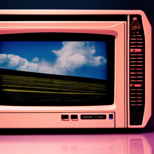 Image similar to a professional studio photograph of five 90s television VHS combo playing a video of clouds, key light, 50mm, shallow depth of field, no artefacts