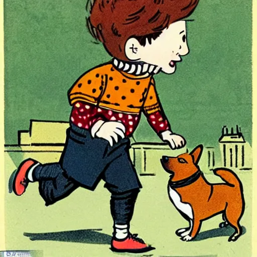 Image similar to illustration of french boy on the streets of paris playing football against a corgi, the dog is wearing a polka dot scarf, comic, 1 9 6 2