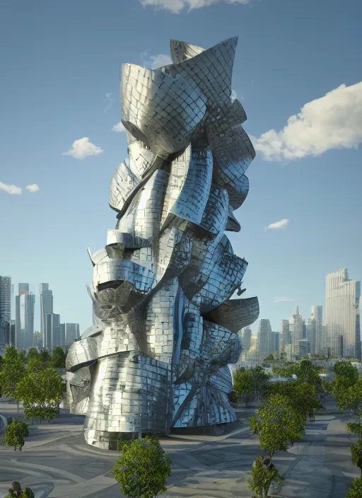 Image similar to highly detailed realistic architecture 3 d render of a futuristic stele monument in frank gehry style standing in city park, archdaily, made in unreal engine 4 octane render