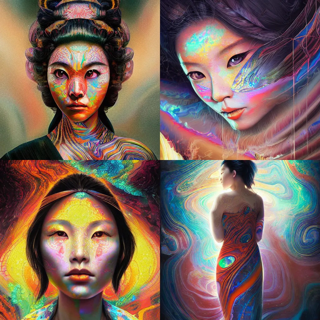 Prompt: a matte painting of a beautiful japanese woman made of stunning double sided koroit patterned boulder opal, paint swirl aesthetic, by Sam Spratt and Dan Mumford