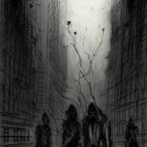 Image similar to zombie horde in new york city, soft gentle fog, drawn by ben templesmith, scary