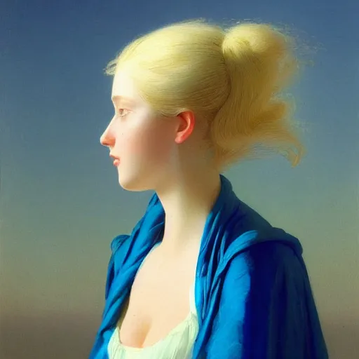 Image similar to a young woman's face, her hair is white and she wears a cobalt blue satin cloak, by ivan aivazovsky and syd mead and moebius and gaston bussiere and roger dean and pieter claesz and paul delaroche and alma tadema and aelbert cuyp and viktor vasnetsov, hyperrealistic, volumetric light, octane render