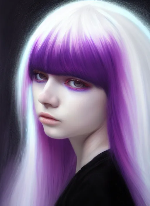 Image similar to hair whitebangs hair, black hair, whitebangs, portrait of teenage girl with white bangs, red irises, purple clothes, white bangs, bangs are different color from hair, intricate, elegant, glowing lights, highly detailed, digital painting, artstation, concept art, smooth, sharp focus, illustration, art by wlop, mars ravelo and greg rutkowski