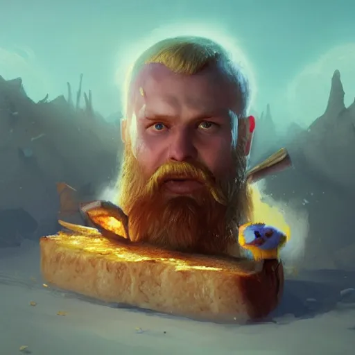 Image similar to portrait of viking toast, bread type pokemon, strong pixar wonder bread warrior, volumetric lighting, dynamic composition, art by sachin teng and sergey kolesov and ruan jia and heng z, scifi, fantasy, hyper detailed, ultra realistic, sharp focus, wildlife photography, national geographic, octane render, concept art