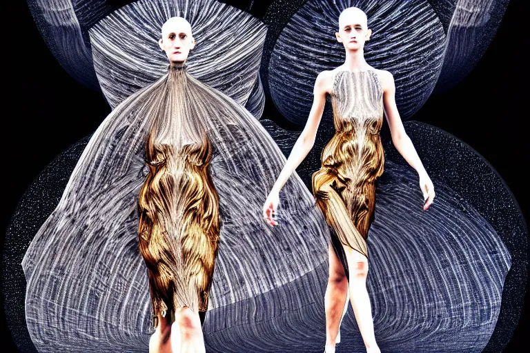 Prompt: walking down the catwalk, stage, podium, vogue, fashion show photo, iris van herpen baroque dress, beautiful woman, perfect body, full body shot, masterpiece, space station, artstation