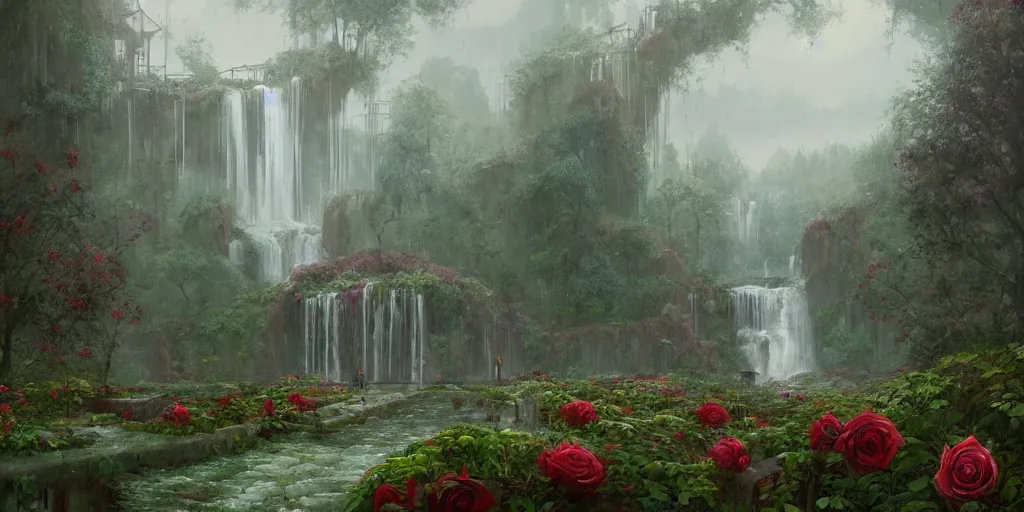 Prompt: a rainy scene a manicured garden matte painting with roses, trees, and a waterfall abandoned for 1 0 years art station, digital art, simon stalenhag