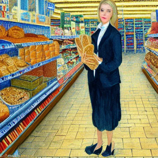 Prompt: beautiful blonde woman wearing a business suit, long hair, in a grocery store, putting loaves of bread into a shopping cart, traditional artwork, in the style of claude monet, 4 k, intricate details, realistic, lifelike