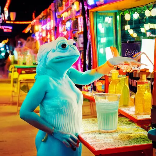 Image similar to cinematic photo of a beautiful albino frog woman lit with split colour turquoise and orange lighting buying lemonade from a childrens lemonade stand in suburbia