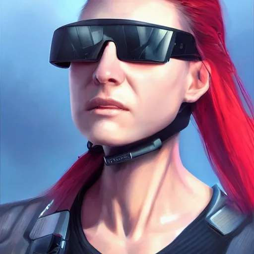 Prompt: portrait of a young trained female cyberpunk assassin, implanted sunglasses, augmentation, black shag haircut, dramatic light, city background, sunset, high contrast, sharp, painted by stanley lau, painted by greg rutkowski, painted by stanley artgerm, digital art, trending on artstation