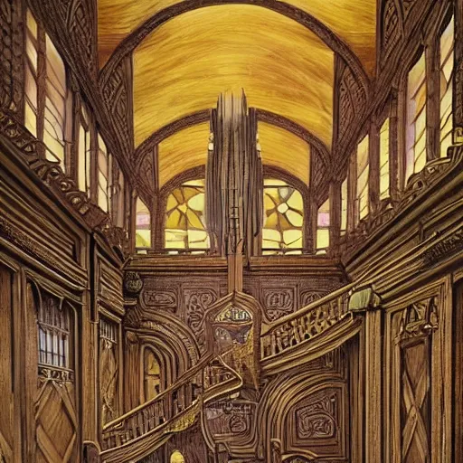 Prompt: main hall of a castle with dark wood trim and stained glass windows, with a grand staircase that leads to many balconies, subtle lovecraftian vibes, looking upwards, hyper detailed ethereal, oil painting, colored, detailed, mc escher