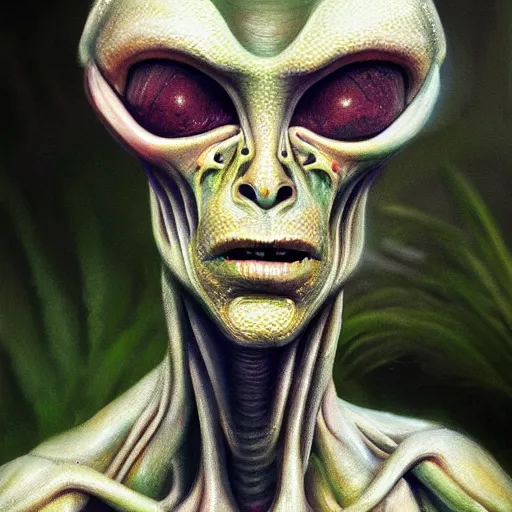 Image similar to portrait painting of an alien, garden, photorealistic, extreme detail, sharp focus, 8 k, intricate, hyper detailed, realistic, cinematic lighting