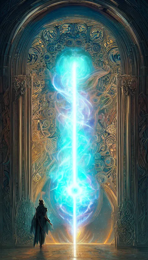 Image similar to door, supernova, lord of the rings ,neon, fibonacci, sweaty, insane, intricate, highly detailed, digital painting, artstation, concept art, smooth, sharp focus, illustration, Unreal Engine 5, 8K, art by artgerm and greg rutkowski and alphonse mucha