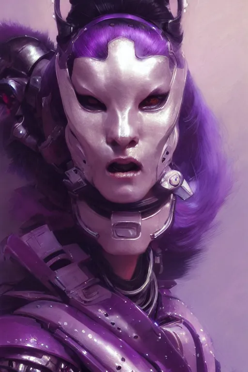 Prompt: extreme close up, facial portrait, woman with a long black ponytail in purple sci - fi armor, wearing a kitsune mask, mechanical shoulder pads, striking pose, portrait dnd, painting by gaston bussiere, craig mullins, greg rutkowski, yoji shinkawa