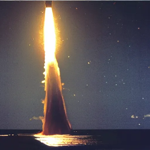 Prompt: “a failed ICBM middle launch 🚀 in the middle of the ocean at night time. The middle is exploding spectacularly and raining down burning pieces of debris.”