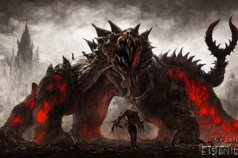 Prompt: concept art of bowser with huge horns and scales and talons in a ruined kingdom, resident evil, horror, occult, terror, mist, volumetric render, digital painting, detailed painting