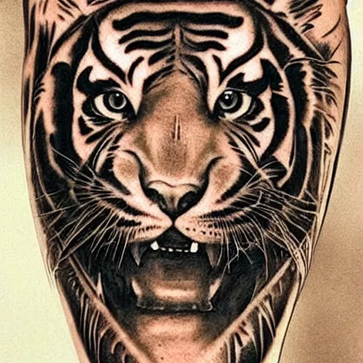 Image similar to ! dream a realistic tattoo design of a beautiful warrior woman below a tiger head, highly detailed